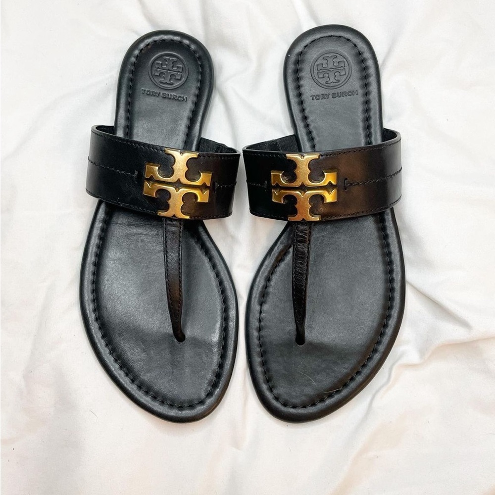 Tory Burch‎ Black Leather Miller Sandals Gold Logo Women’s Size 6.5
